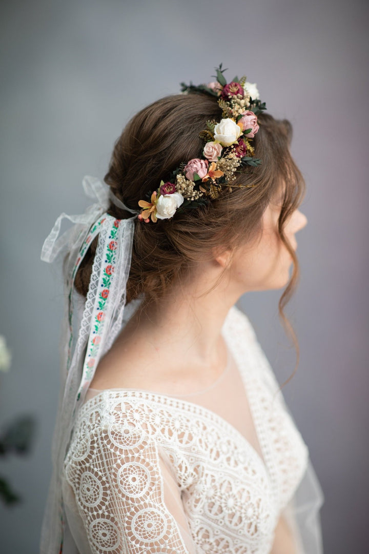 Dusty Pink Rose Wedding Hair Crown with Folk Veil – handmade floral hair accessory by magaela