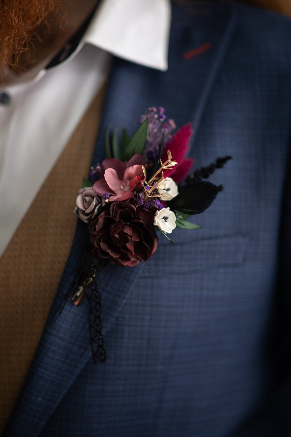 Burgundy Flower Boutonniere: Dark Gothic Wedding Groom Accessory – handmade floral hair accessory by magaela