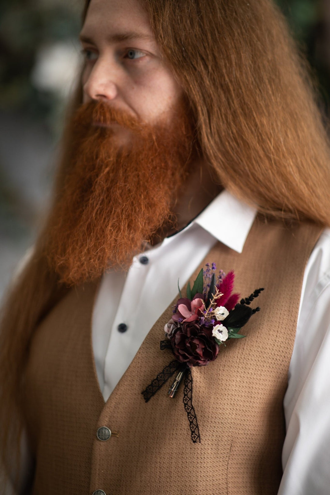 Burgundy Flower Boutonniere: Dark Gothic Wedding Groom Accessory – handmade floral hair accessory by magaela