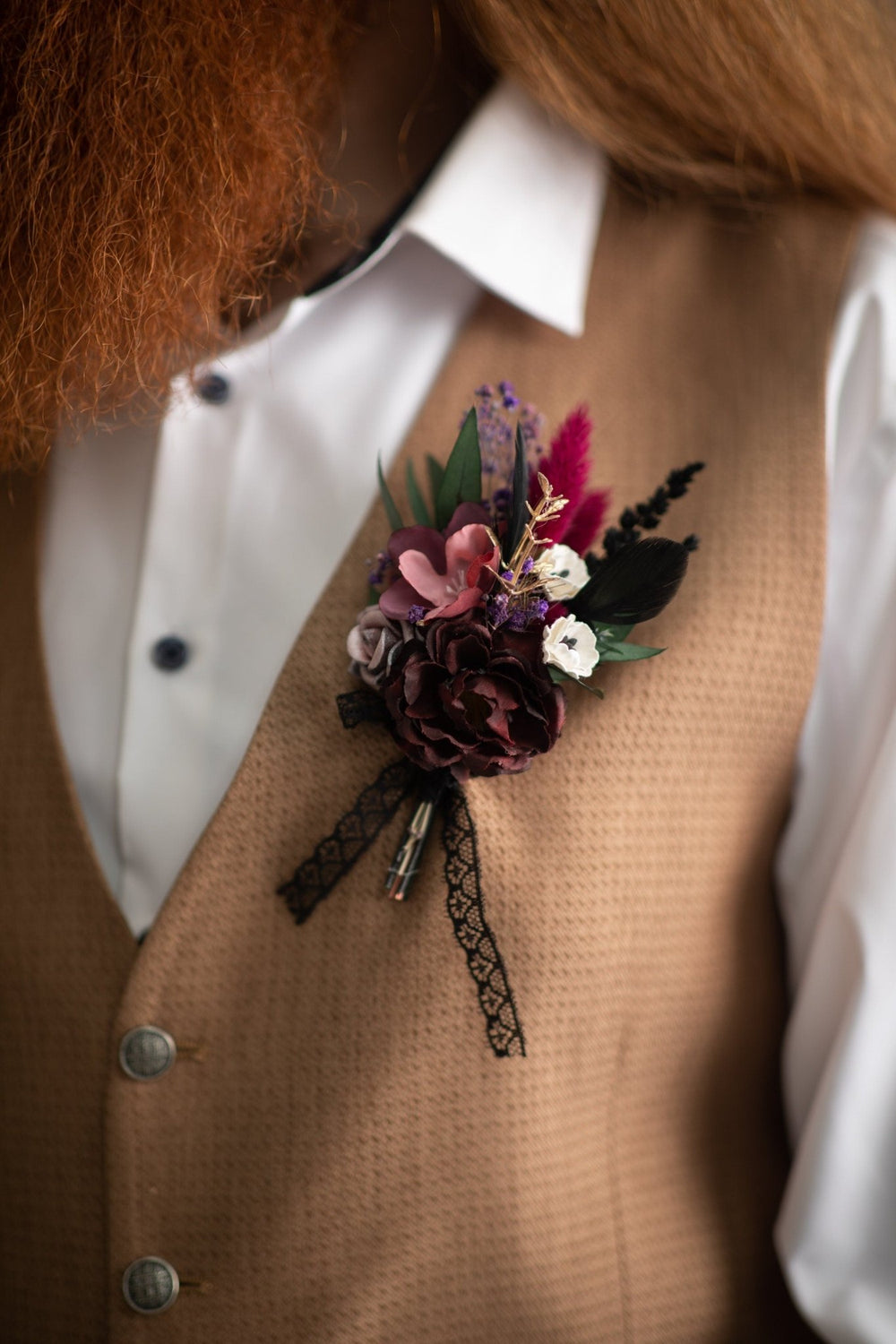 Burgundy Flower Boutonniere: Dark Gothic Wedding Groom Accessory – handmade floral hair accessory by magaela