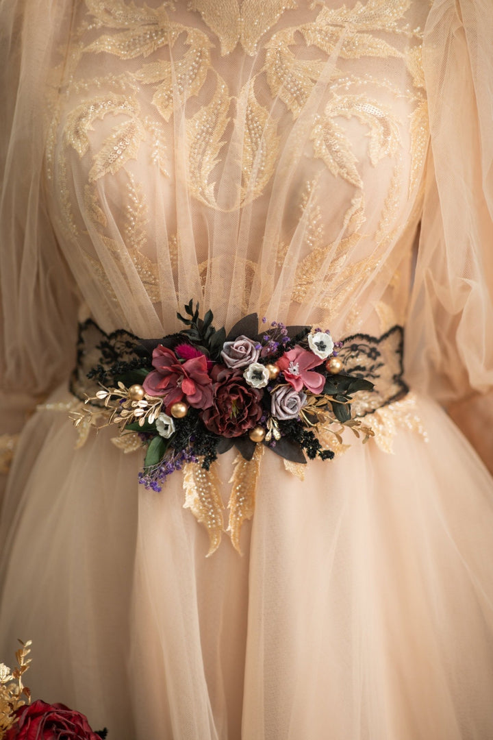 Burgundy Flower Wedding Belt: Black Lace Bridal Sash – handmade floral hair accessory by magaela