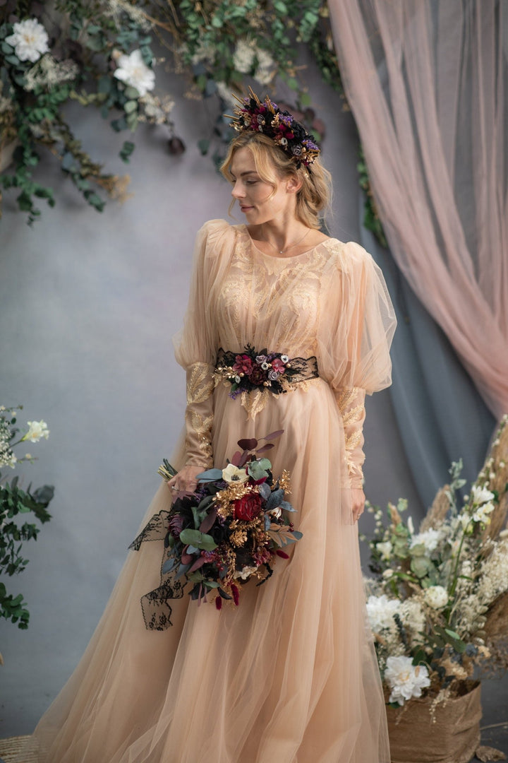 Burgundy Flower Wedding Belt: Black Lace Bridal Sash – handmade floral hair accessory by magaela