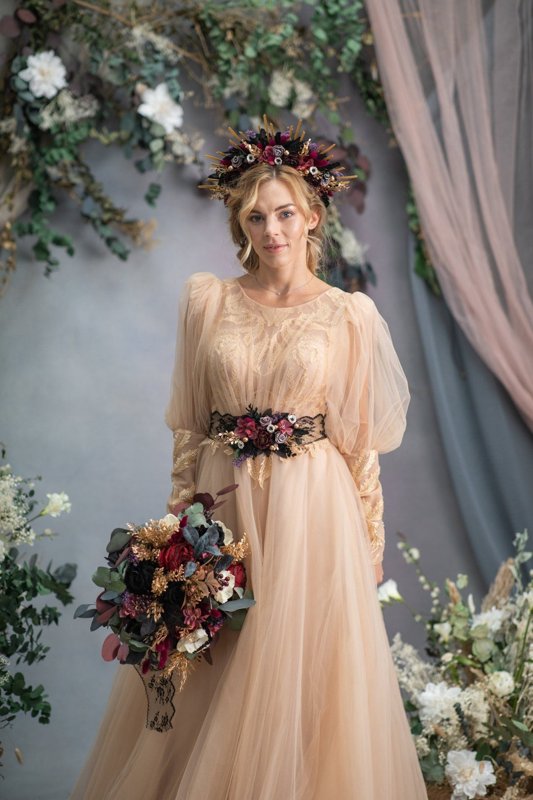 Burgundy Flower Wedding Belt: Black Lace Bridal Sash – handmade floral hair accessory by magaela