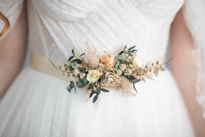 Mocha mousse wedding Nude wedding theme Beige flower belt with eucalyptus Wedding accessories Nude Rustic wedding flower sash Magaela – handmade floral hair accessory by magaela