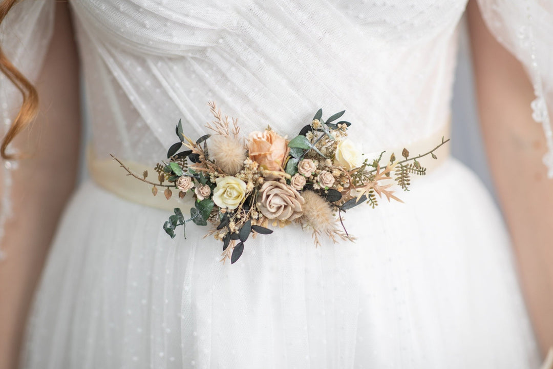 Mocha mousse wedding Nude wedding theme Beige flower belt with eucalyptus Wedding accessories Nude Rustic wedding flower sash Magaela – handmade floral hair accessory by magaela