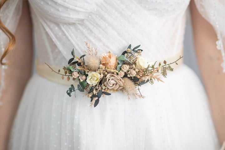 Mocha mousse wedding Nude wedding theme Beige flower belt with eucalyptus Wedding accessories Nude Rustic wedding flower sash Magaela – handmade floral hair accessory by magaela