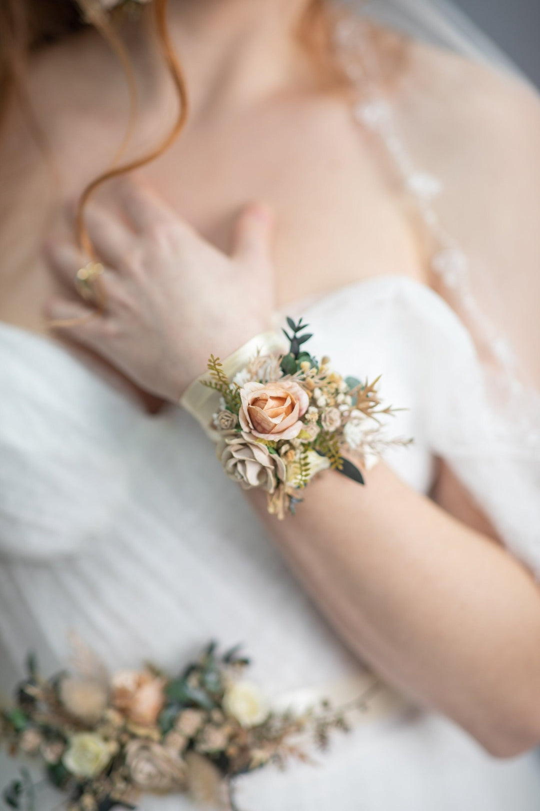 Nude flower bracelet Mocha mousse wedding Bridal flower wrist corsage Nude flower jewellery Bridesmaid gift Bracelet with ribbon Mocha – handmade floral hair accessory by magaela