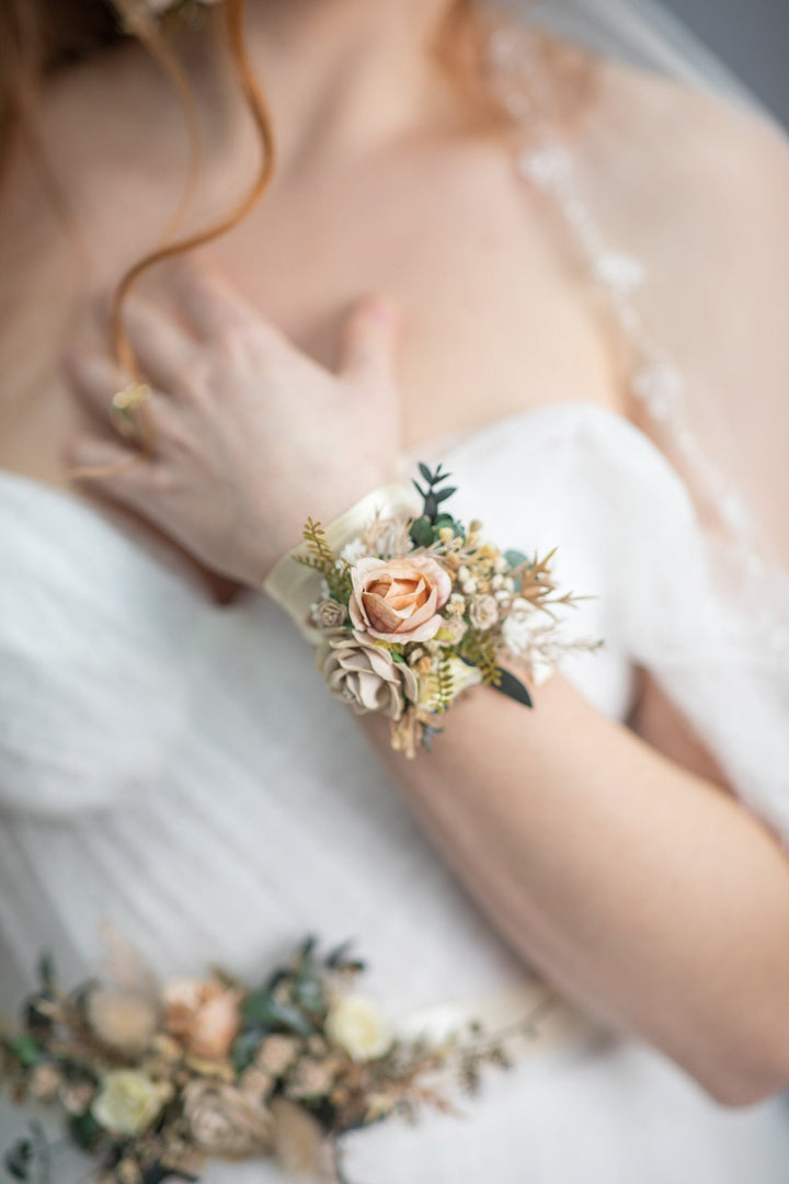 Nude flower bracelet Mocha mousse wedding Bridal flower wrist corsage Nude flower jewellery Bridesmaid gift Bracelet with ribbon Mocha – handmade floral hair accessory by magaela