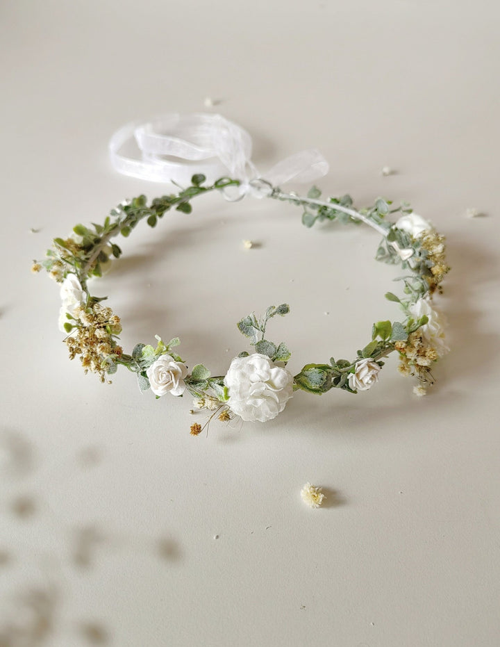 First Communion Flower Crown: White Floral Hair Wreath & Bracelet – handmade floral hair accessory by magaela