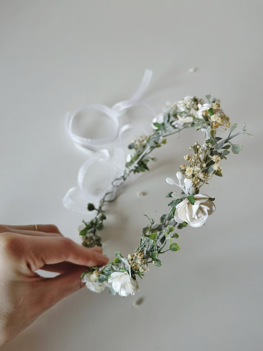 White Rose Communion Hair Wreath: Flower Girl Headband – handmade floral hair accessory by magaela