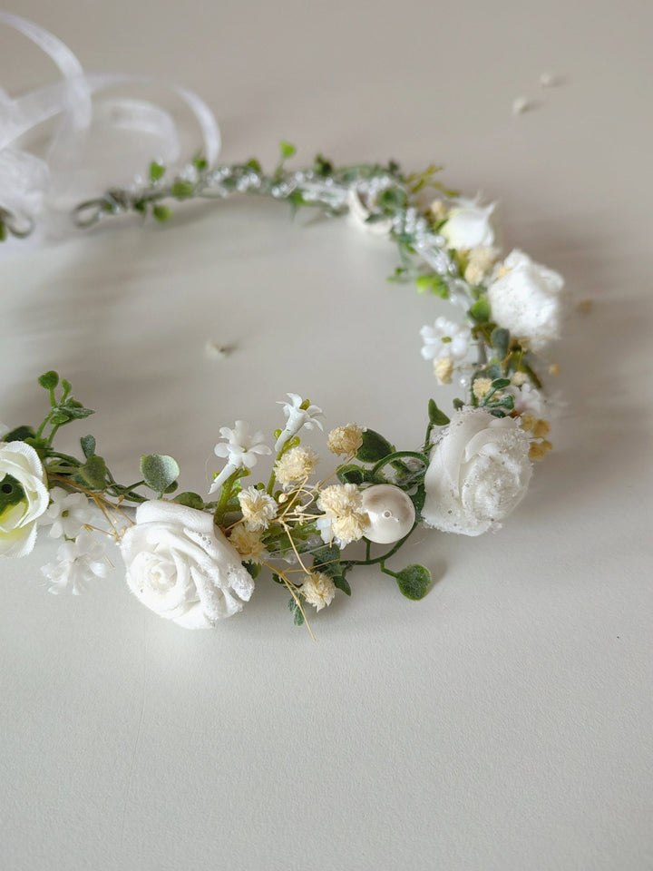 First Communion Flower Crown: White Rose Hair Wreath – handmade floral hair accessory by magaela