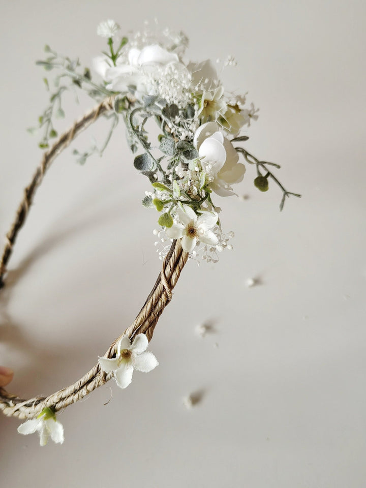 White Flower Bridal Hair Wreath: Romantic Wedding Headpiece – handmade floral hair accessory by magaela