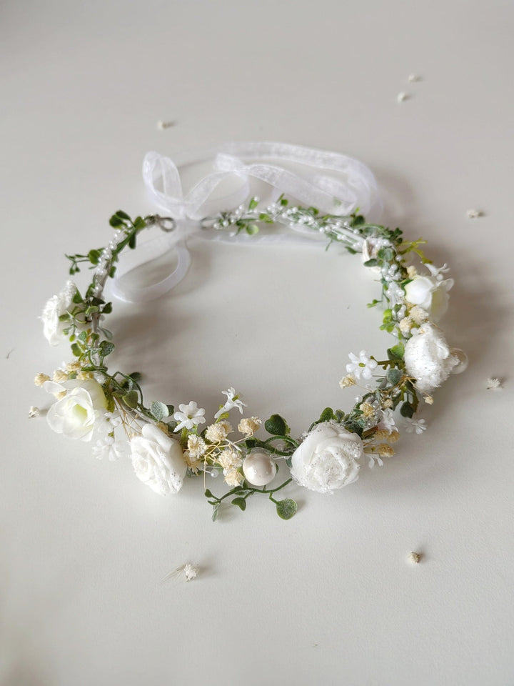 Ivory Rose Flower Crown: Bridal Hair Wreath with Pearls & Lace – handmade floral hair accessory by magaela
