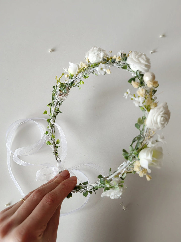 Ivory Rose Flower Crown: Bridal Hair Wreath with Pearls & Lace – handmade floral hair accessory by magaela