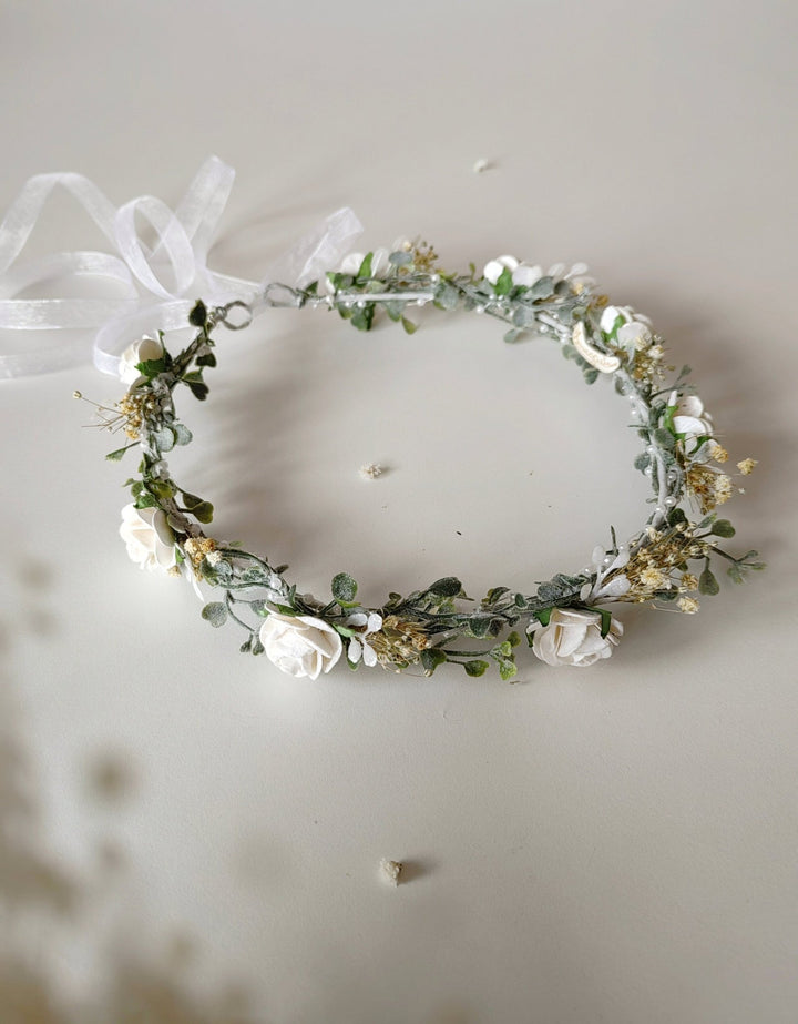White Rose Wedding Crown: Bridal Headpiece with Pearls & Baby's Breath – handmade floral hair accessory by magaela