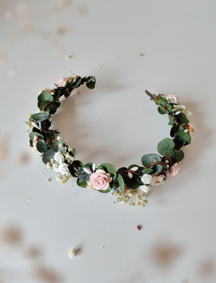 Eucalyptus Flower Crown: Blush Rose Bridal Headpiece – handmade floral hair accessory by magaela