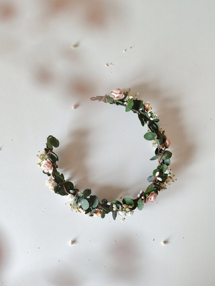 Eucalyptus Flower Crown: Blush Rose Bridal Headpiece – handmade floral hair accessory by magaela