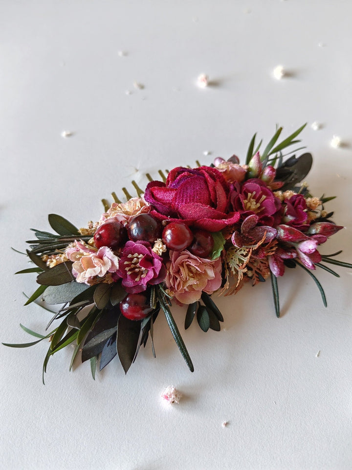 Burgundy Flower Hair Comb & Pins: Autumn Wedding Hair Accessories – handmade floral hair accessory by magaela