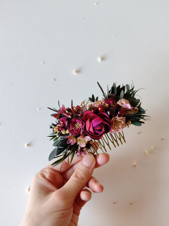 Burgundy Flower Hair Comb & Pins: Autumn Wedding Hair Accessories – handmade floral hair accessory by magaela