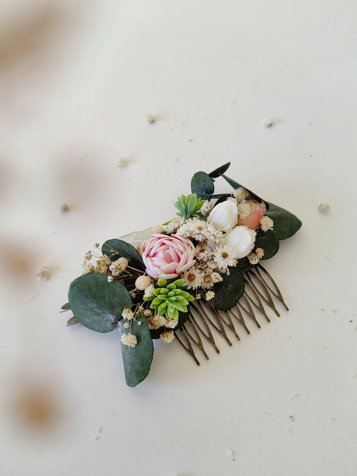 Eucalyptus Peony Wedding Hair Comb: Pastel Floral Hair Jewellery – handmade floral hair accessory by magaela