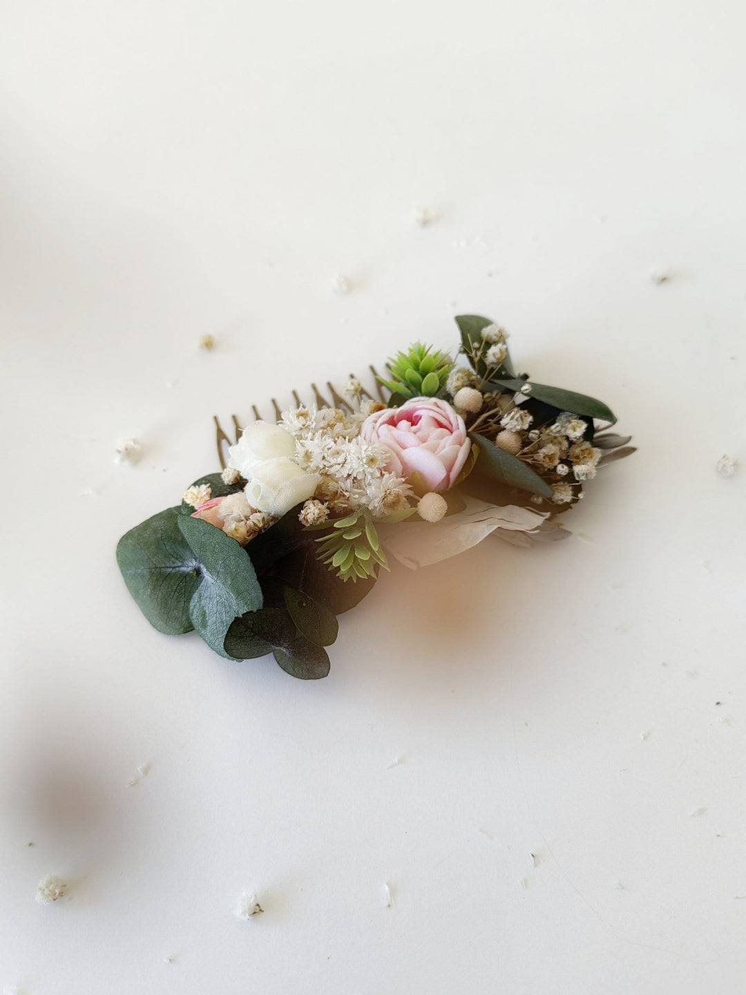 Eucalyptus Peony Wedding Hair Comb: Pastel Floral Hair Jewellery – handmade floral hair accessory by magaela