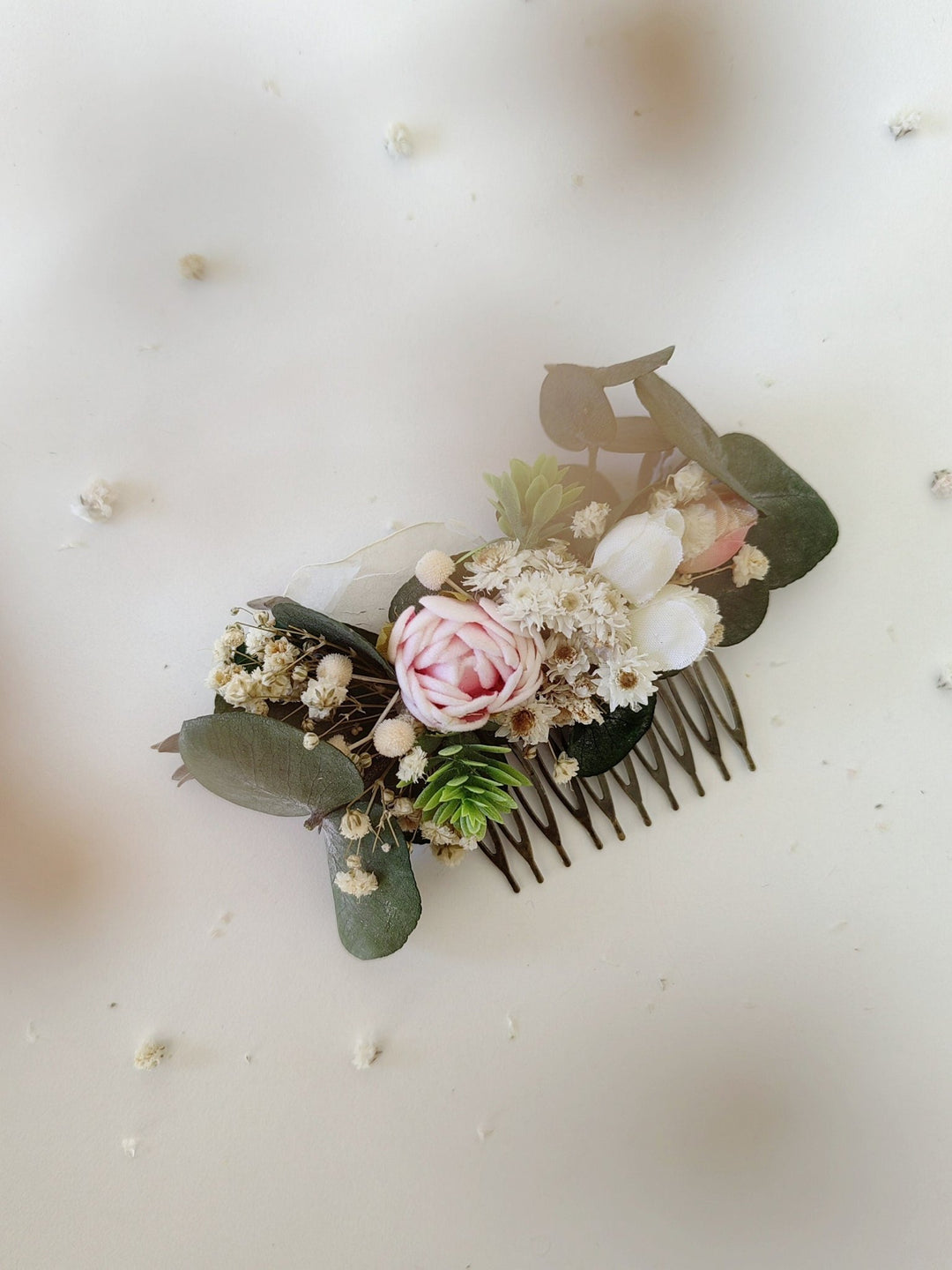 Eucalyptus Peony Wedding Hair Comb: Pastel Floral Hair Jewellery – handmade floral hair accessory by magaela