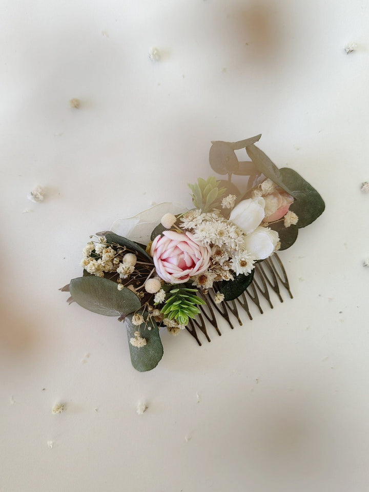Eucalyptus Peony Wedding Hair Comb: Pastel Floral Hair Jewellery – handmade floral hair accessory by magaela