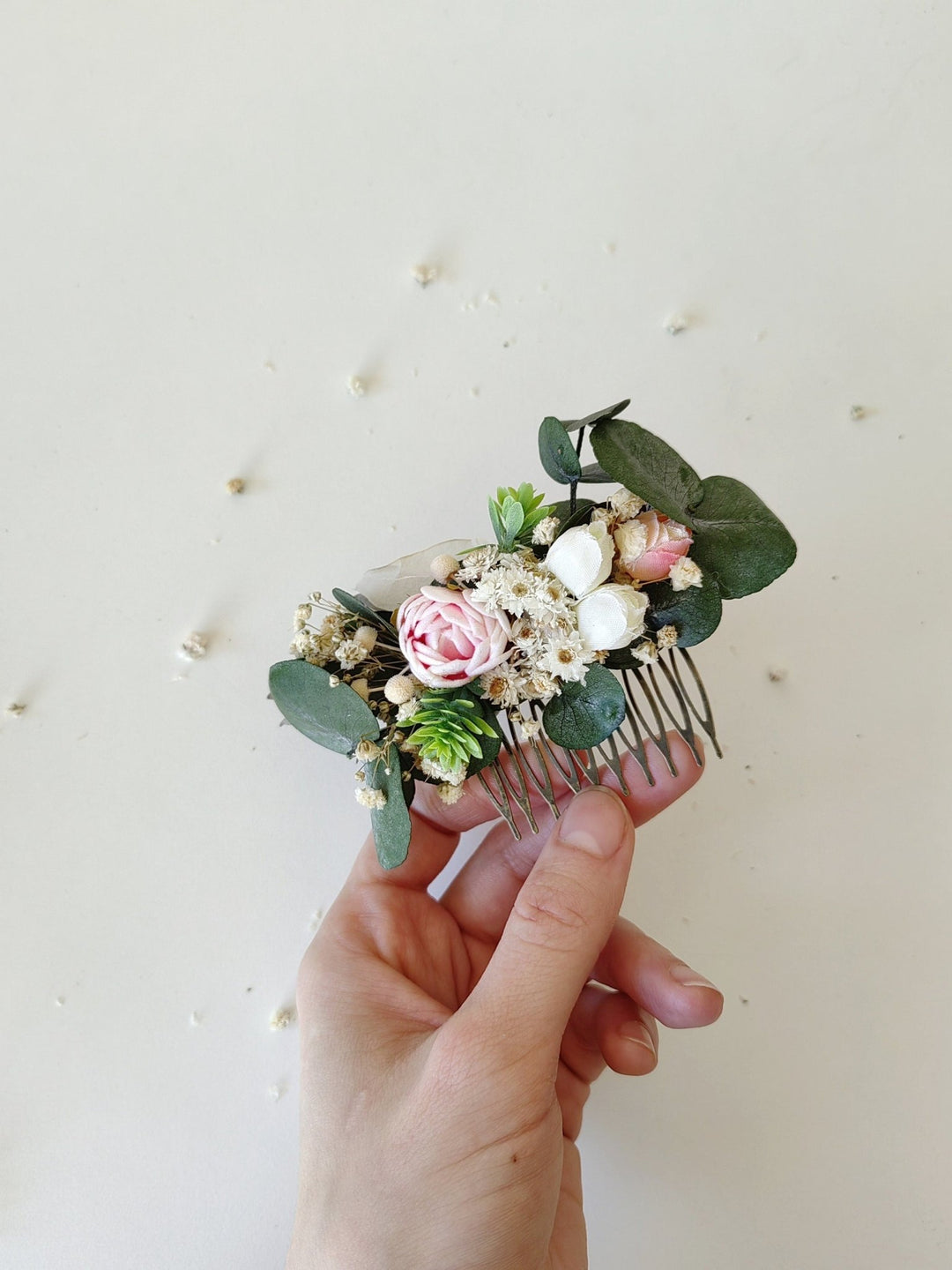 Eucalyptus Peony Wedding Hair Comb: Pastel Floral Hair Jewellery – handmade floral hair accessory by magaela
