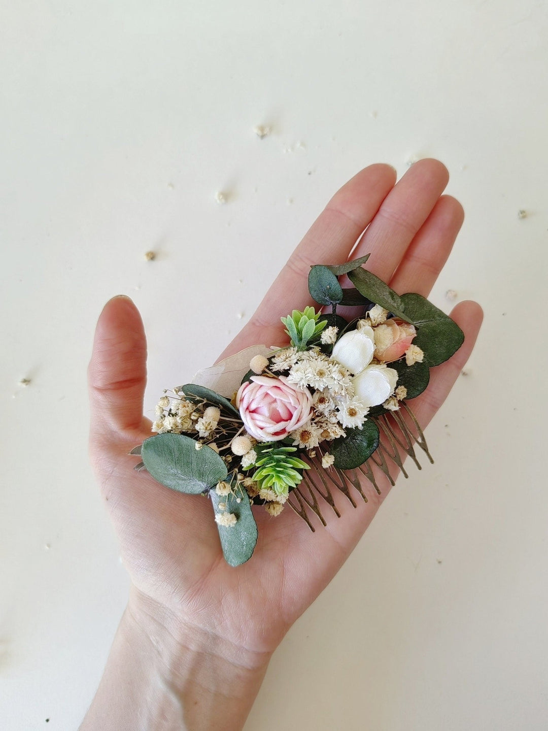 Eucalyptus Peony Wedding Hair Comb: Pastel Floral Hair Jewellery – handmade floral hair accessory by magaela
