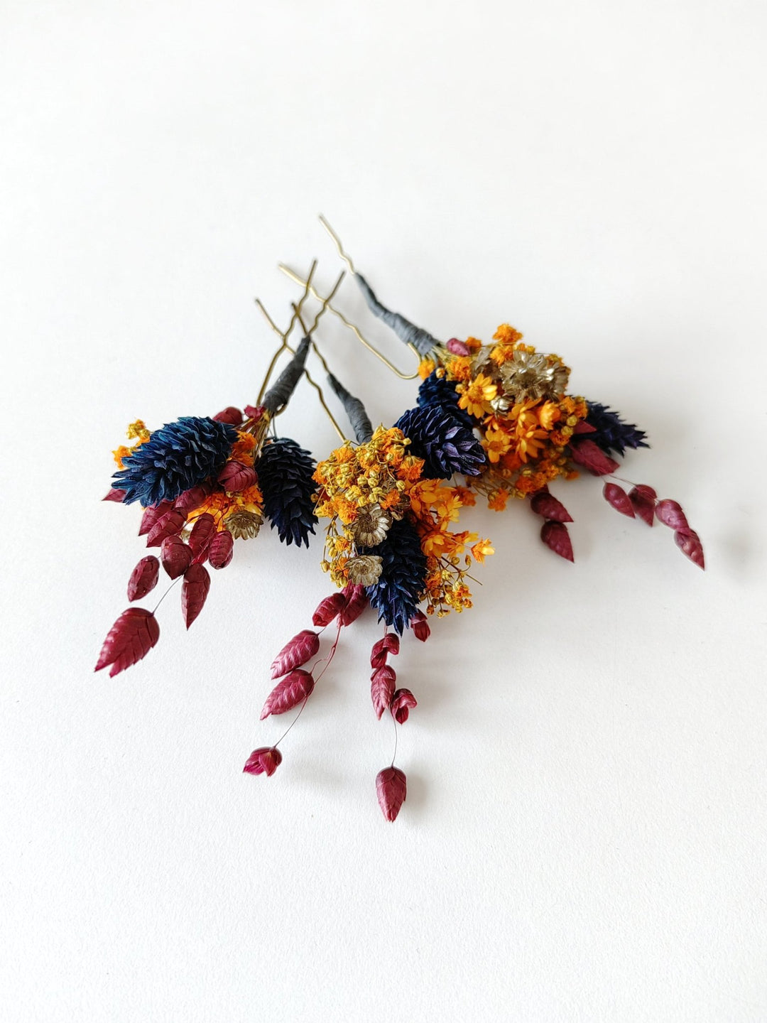 Autumn Flower Hair Pins: Burnt Orange & Navy Wedding Hair Flowers – handmade floral hair accessory by magaela