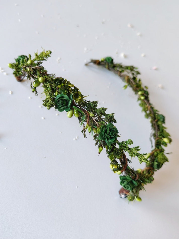 Green Flower Elf Tiara: Woodland Wedding Fairy Crown – handmade floral hair accessory by magaela