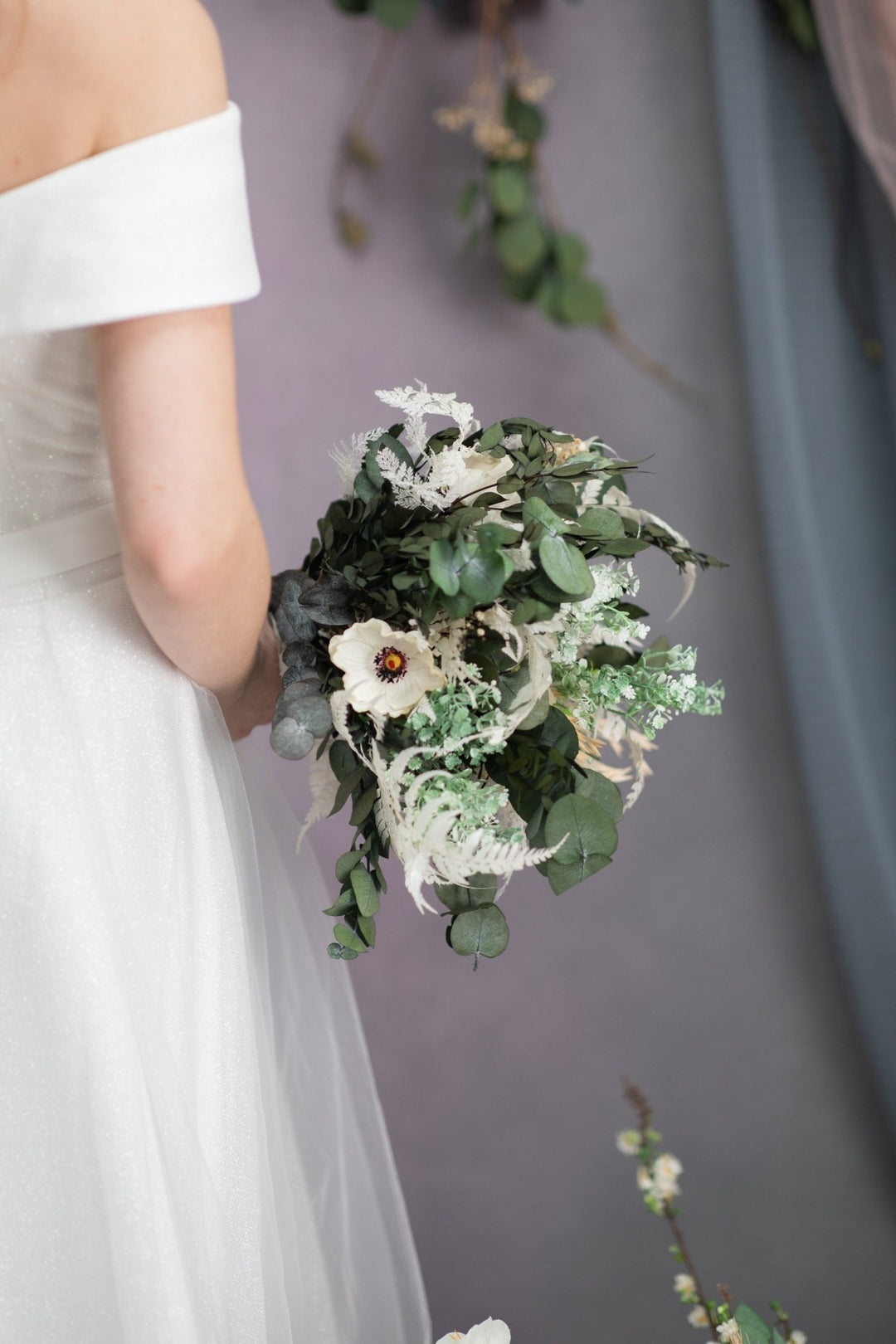 Greenery Anemone Wedding Bouquet: Eucalyptus Bridal Accessory – handmade floral hair accessory by magaela