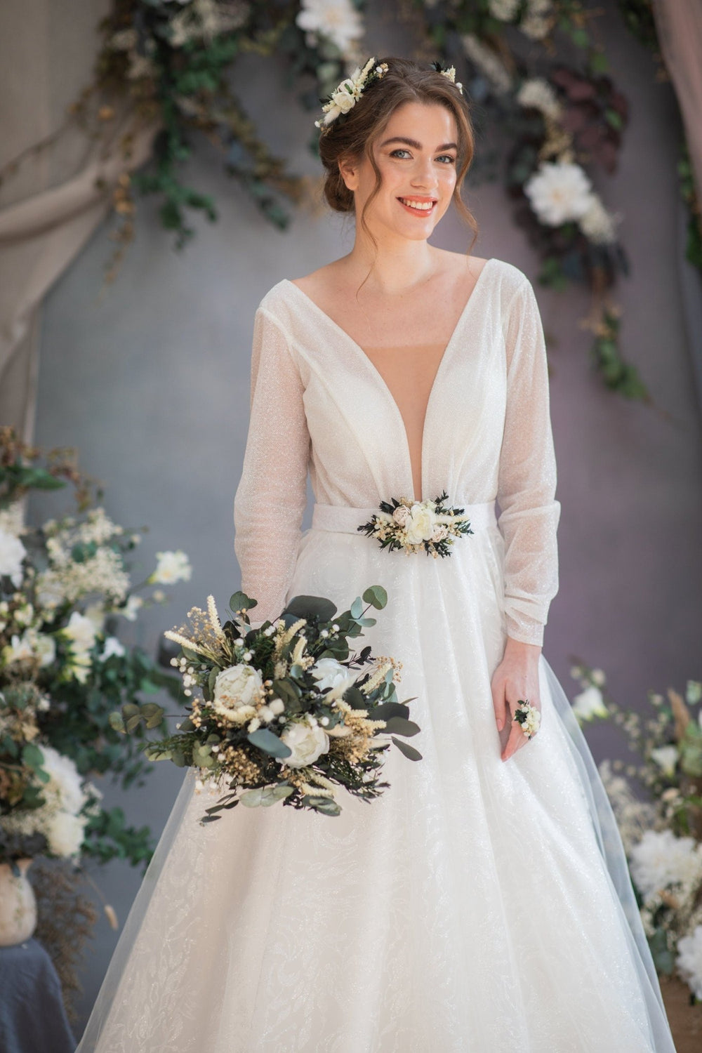 Eucalyptus Wedding Bouquet: White Peony & Greenery, Boho Bridal Bouquet – handmade floral hair accessory by magaela