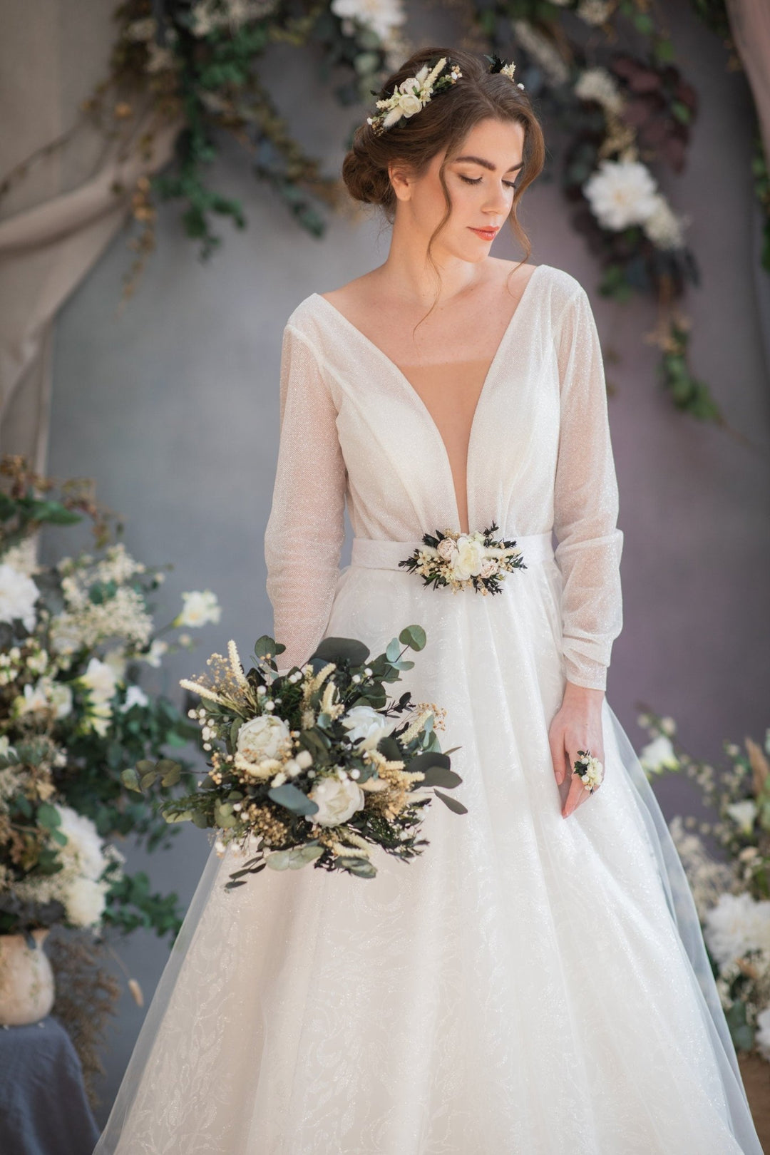 Eucalyptus Wedding Bouquet: White Peony & Greenery, Boho Bridal Bouquet – handmade floral hair accessory by magaela