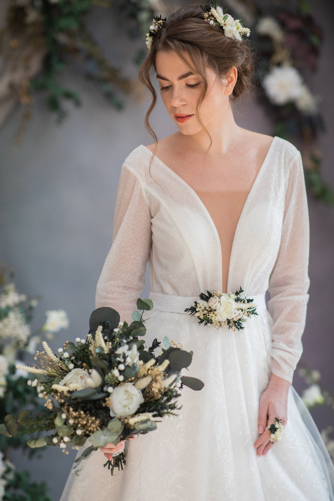 Eucalyptus Wedding Bouquet: White Peony & Greenery, Boho Bridal Bouquet – handmade floral hair accessory by magaela