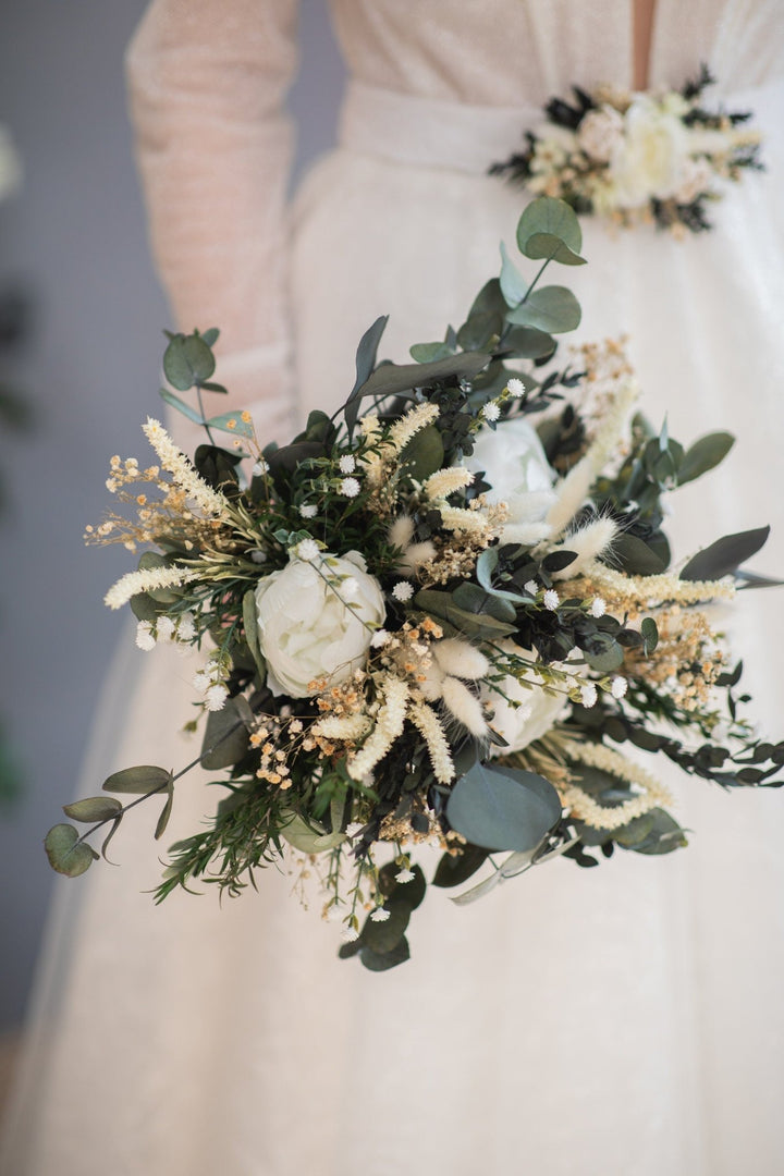 Eucalyptus Wedding Bouquet: White Peony & Greenery, Boho Bridal Bouquet – handmade floral hair accessory by magaela
