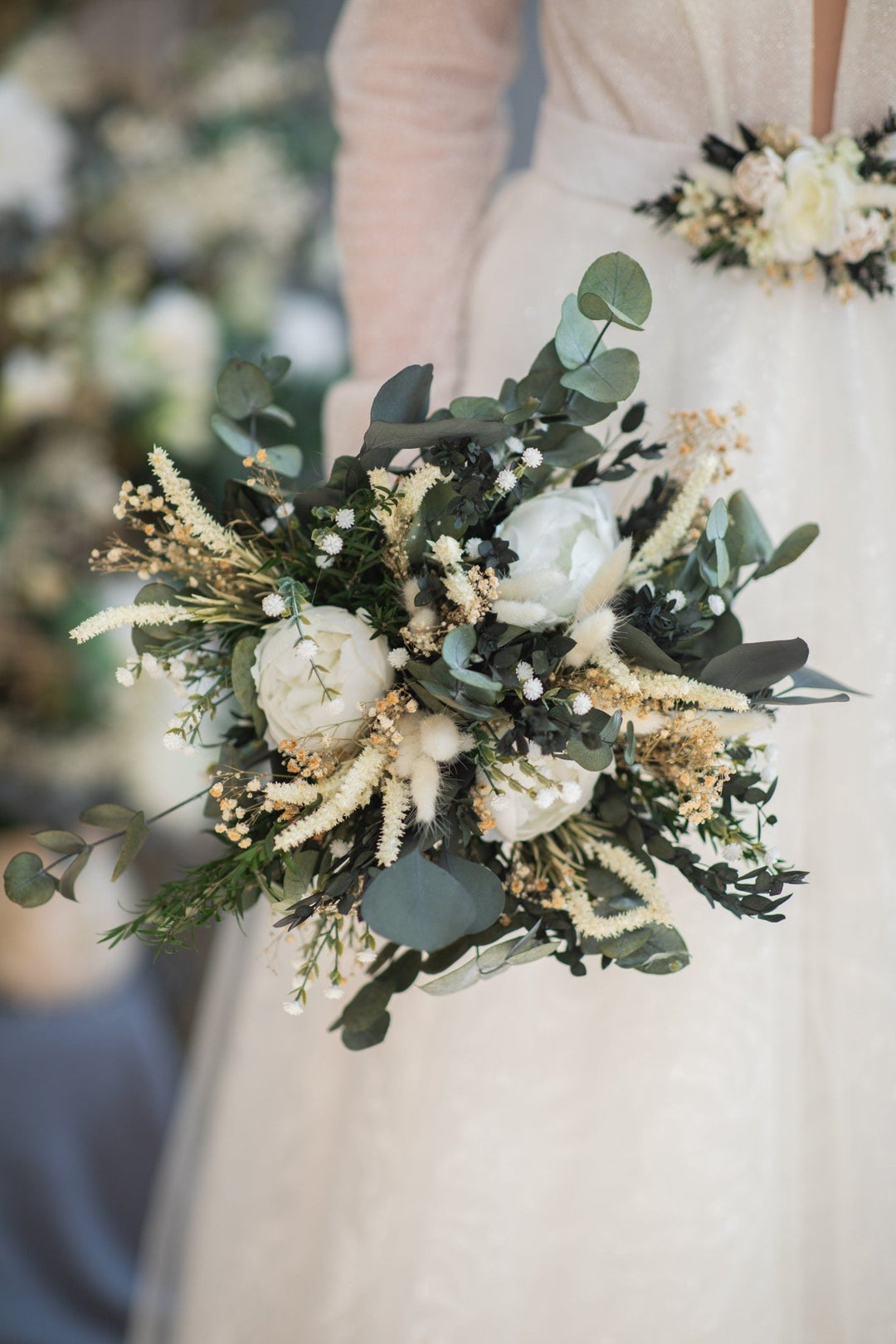 Eucalyptus Wedding Bouquet: White Peony & Greenery, Boho Bridal Bouquet – handmade floral hair accessory by magaela