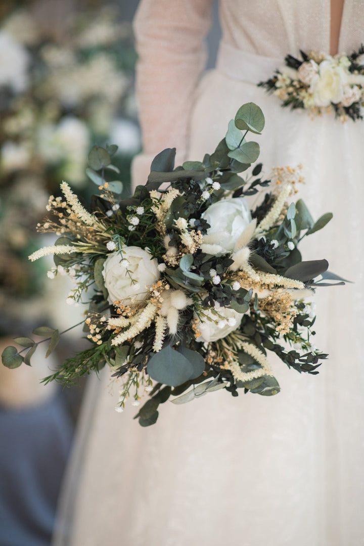 Eucalyptus Wedding Bouquet: White Peony & Greenery, Boho Bridal Bouquet – handmade floral hair accessory by magaela