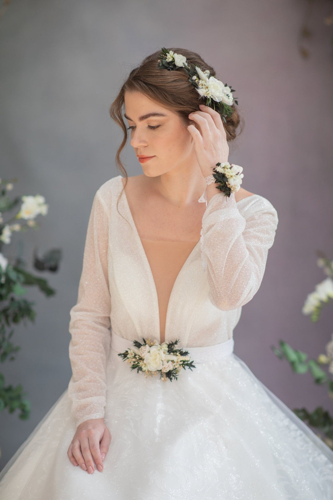 Eucalyptus Peony Wedding Belt: Greenery Flower Bridal Sash – handmade floral hair accessory by magaela