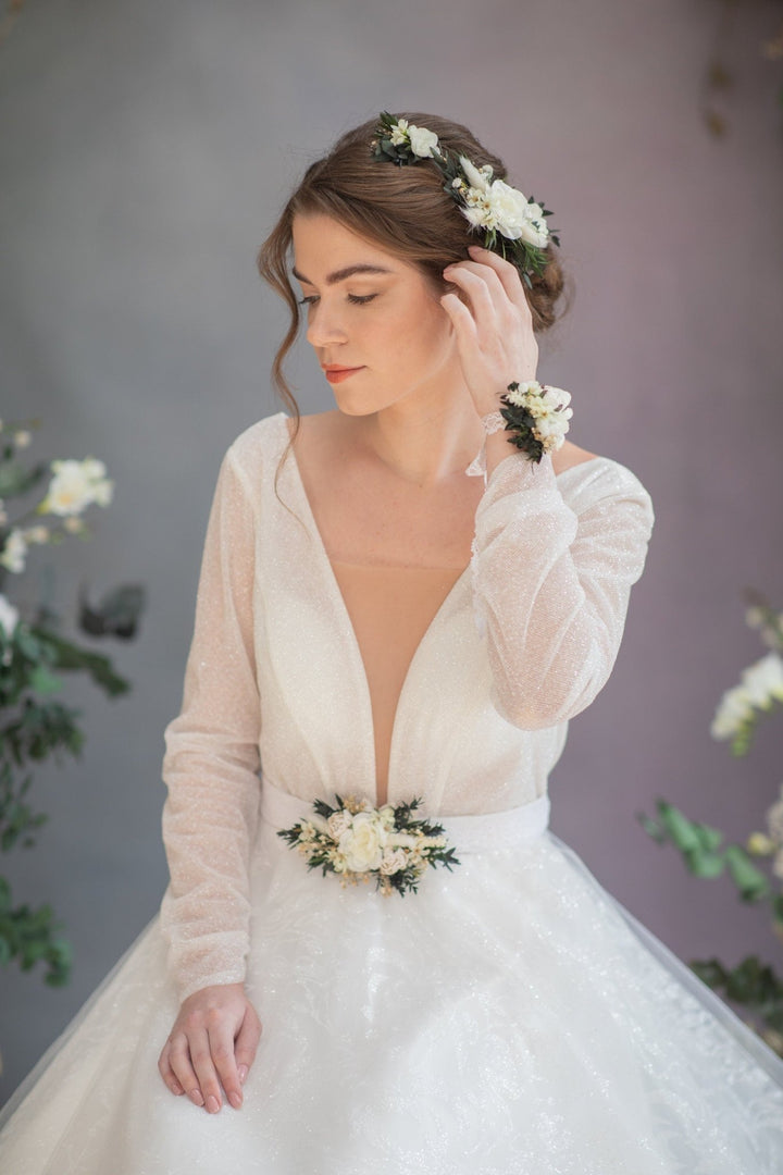 Eucalyptus Peony Wedding Belt: Greenery Flower Bridal Sash – handmade floral hair accessory by magaela