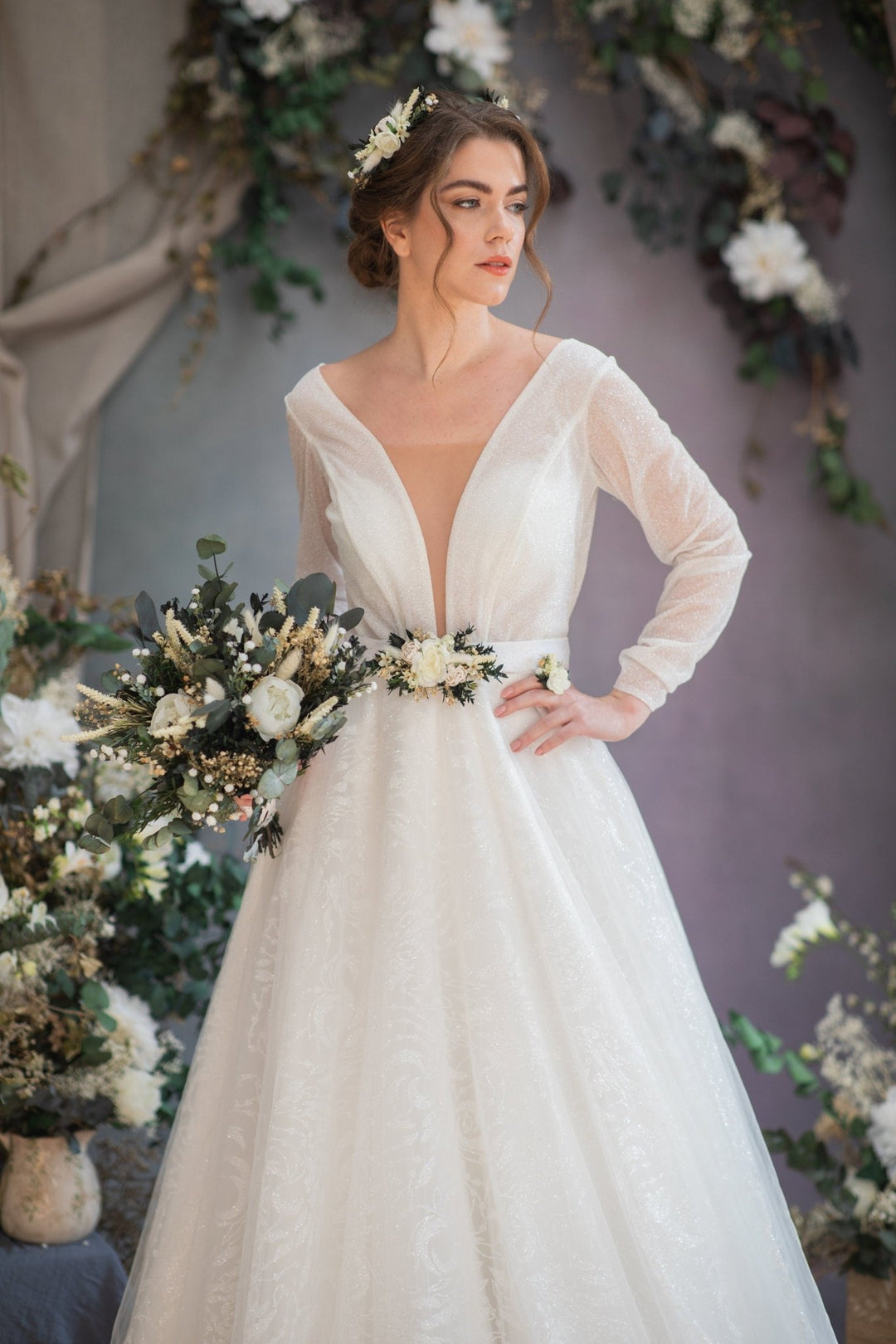 Eucalyptus Peony Wedding Belt: Greenery Flower Bridal Sash – handmade floral hair accessory by magaela