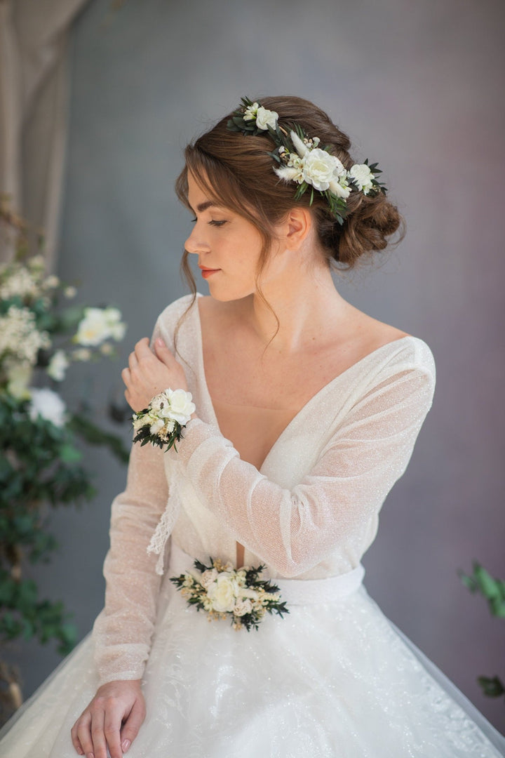 Eucalyptus Peony Wedding Belt: Greenery Flower Bridal Sash – handmade floral hair accessory by magaela