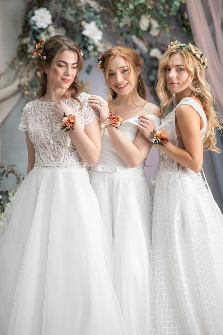 Orange Flower Wrist Corsage: Bridesmaid Wedding Bracelet – handmade floral hair accessory by magaela
