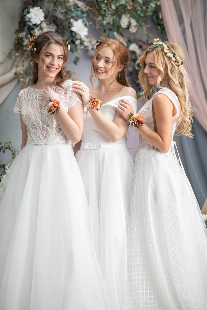 Orange Flower Wrist Corsage: Bridesmaid Wedding Bracelet – handmade floral hair accessory by magaela