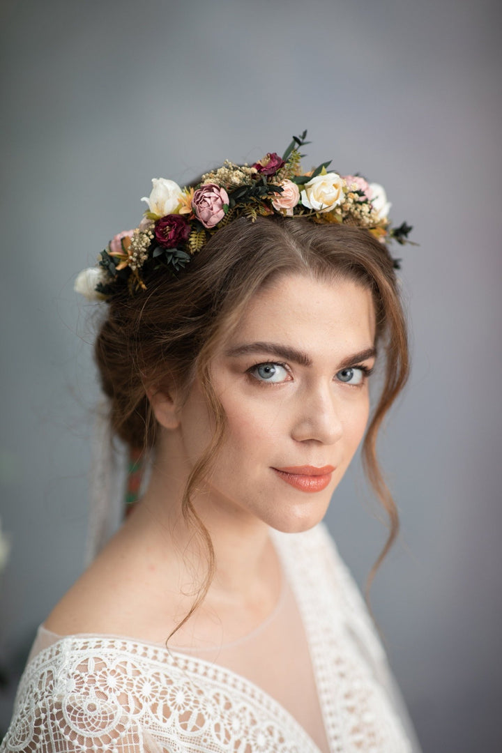 Dusty Pink Rose Wedding Hair Crown with Folk Veil – handmade floral hair accessory by magaela