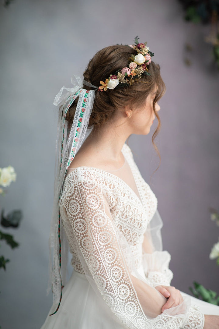 Dusty Pink Rose Wedding Hair Crown with Folk Veil – handmade floral hair accessory by magaela