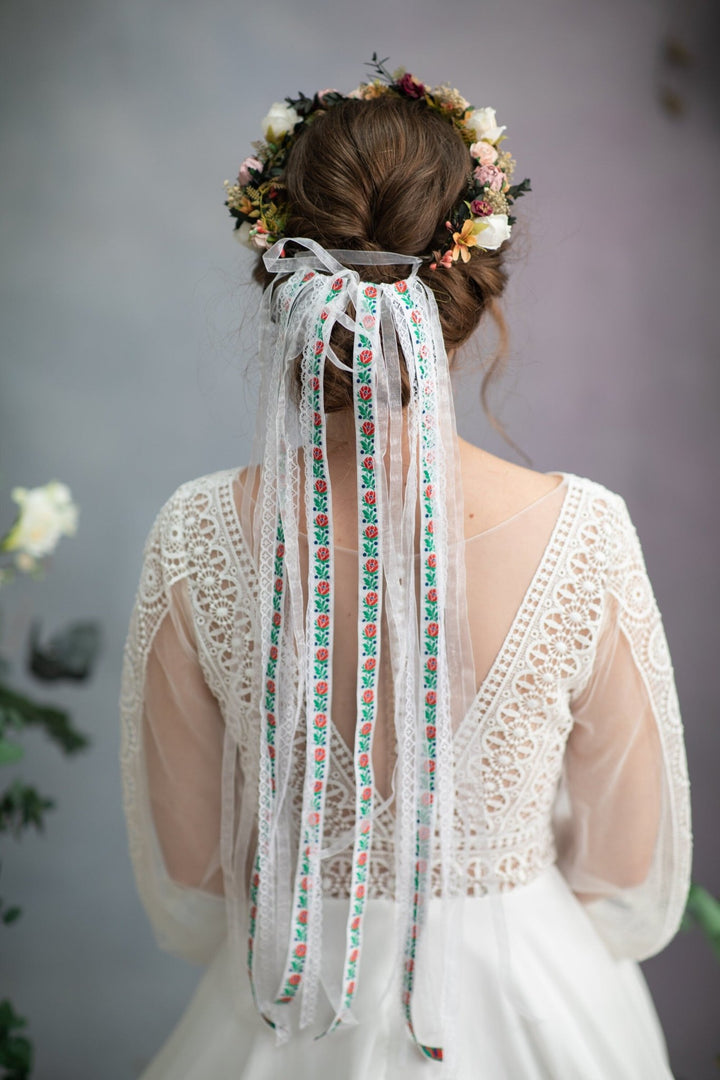 Dusty Pink Rose Wedding Hair Crown with Folk Veil – handmade floral hair accessory by magaela