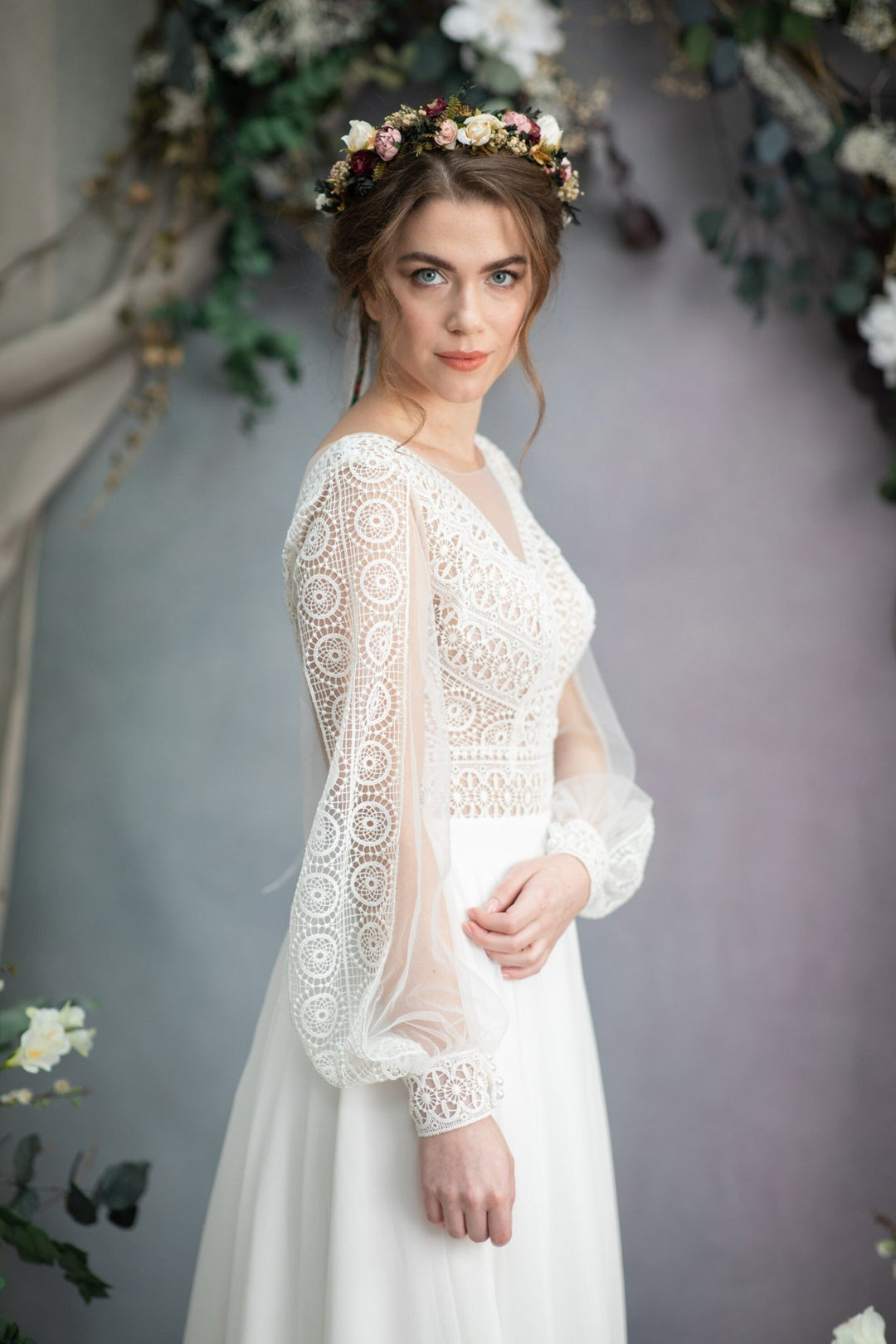 Dusty Pink Rose Wedding Hair Crown with Folk Veil – handmade floral hair accessory by magaela