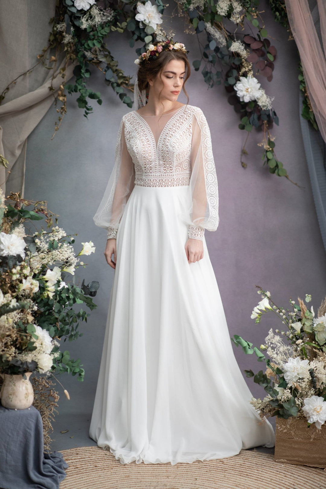 Dusty Pink Rose Wedding Hair Crown with Folk Veil – handmade floral hair accessory by magaela