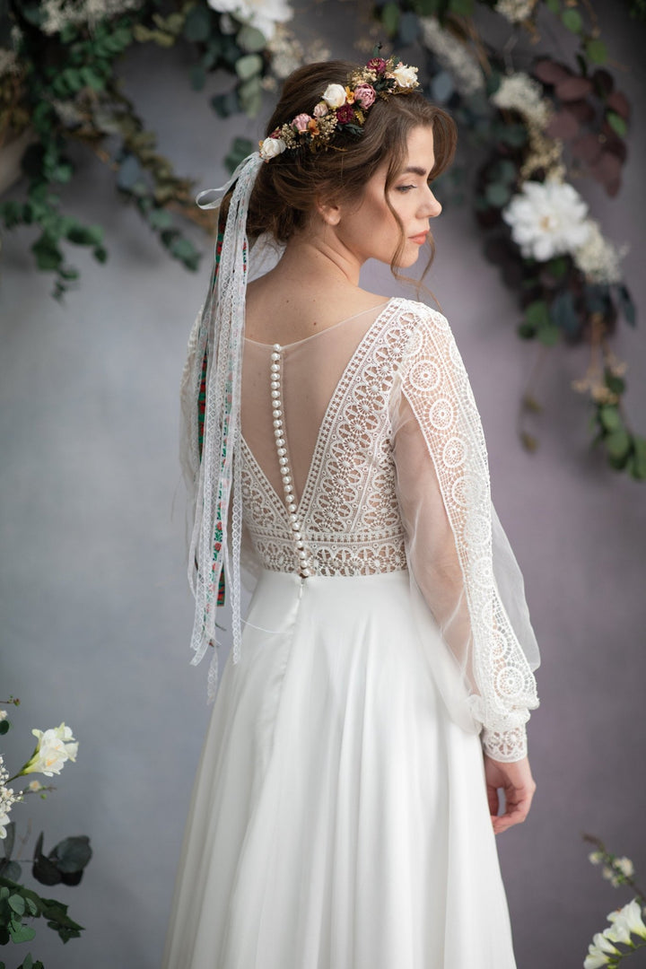 Dusty Pink Rose Wedding Hair Crown with Folk Veil – handmade floral hair accessory by magaela